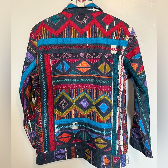 Chicos Design Vintage Embroidered Artsy Silk Patchwork Denim Jacket - Picture 10 of 11